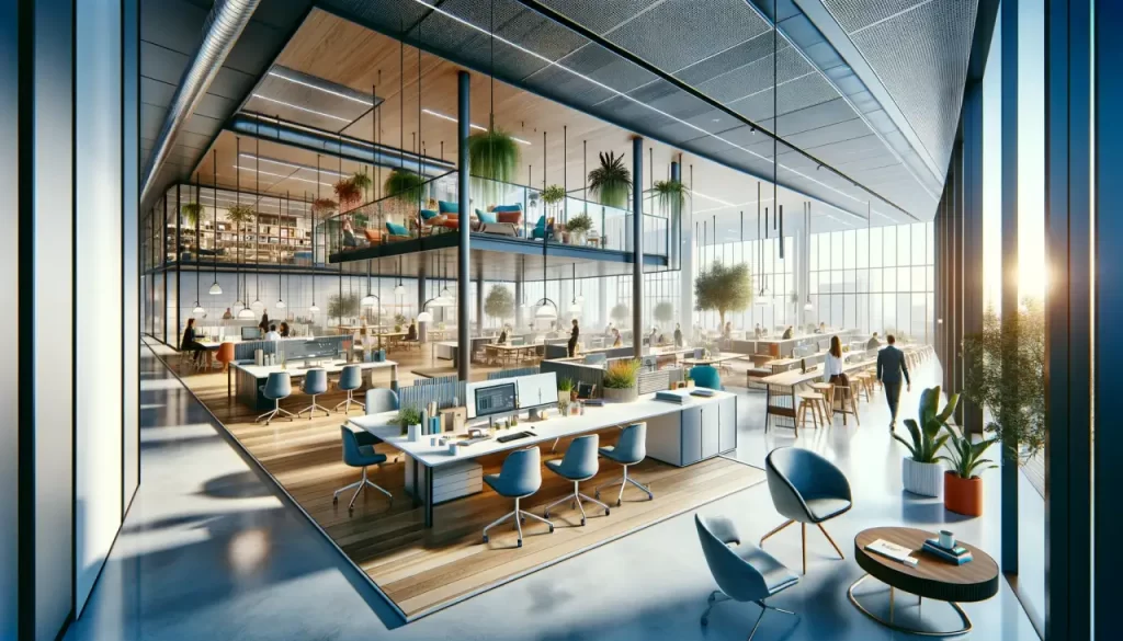 The image that encapsulate the 2024 trends in office design, highlighting modern, functional, and collaborative workspaces.