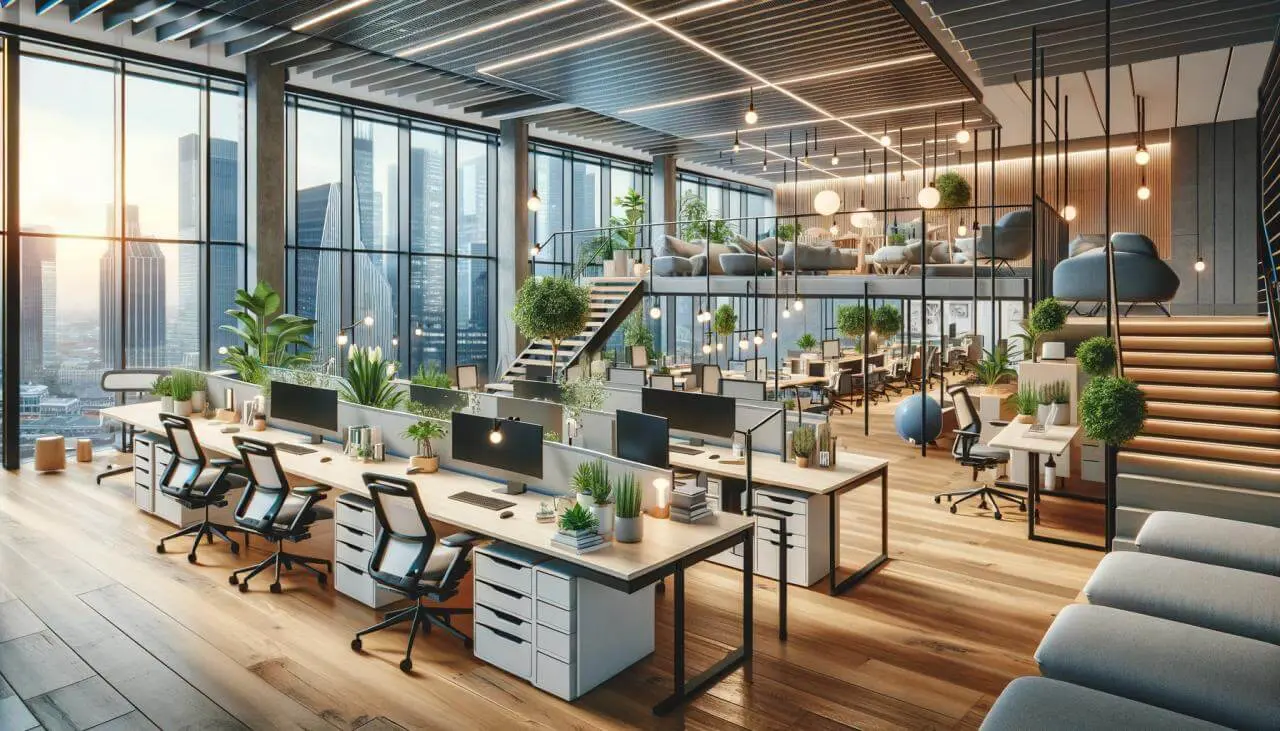 A modern and wellness-focused office space in London, illustrating the impact of fit out companies on productivity and employee well-being. The scene