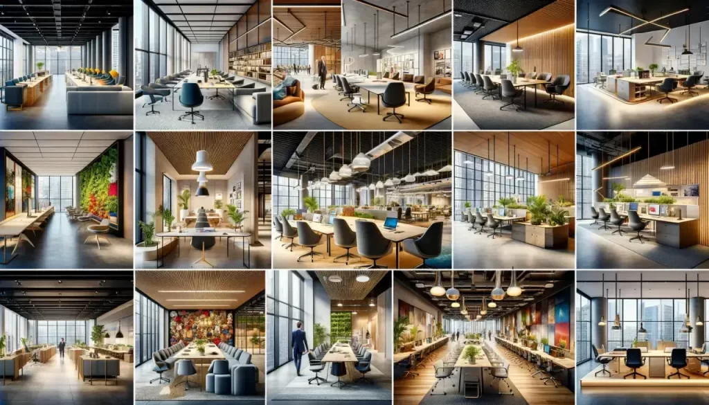 An image showcasing a series of successful office fit outs by London companies, reflecting innovation and style. The image should display a collage.