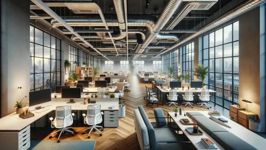 A visually engaging office interior in London, demonstrating the advantages of hiring a professional fit out company. The scene depicts a freshly reno