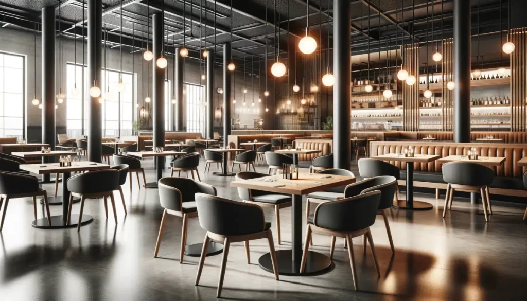 the images reflecting high-quality furniture and fixtures in a restaurant setting, showcasing durability and aesthetics within a modern, inviting atmosphere.