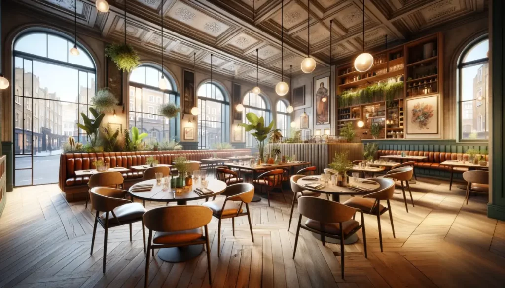 The image showcase a restaurant interior that blend traditional British elements with modern design, emphasising eco-friendly practices and a connection to local culture and nature.