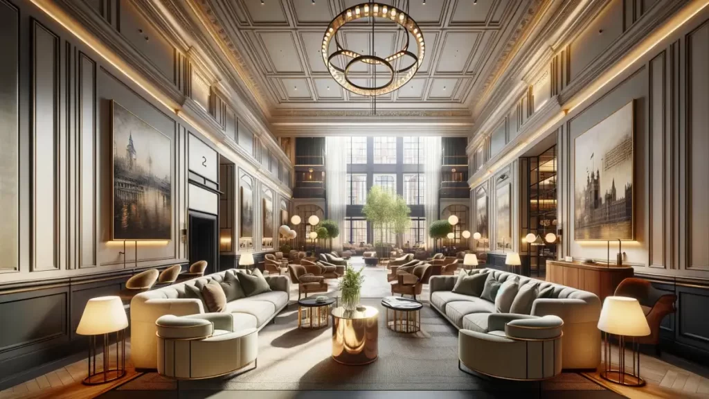 The image that reflect a more timeless and contemporary approach to London's hospitality design trends for 2024, focusing on sophistication, sustainability, and a warm, inviting atmosphere. 