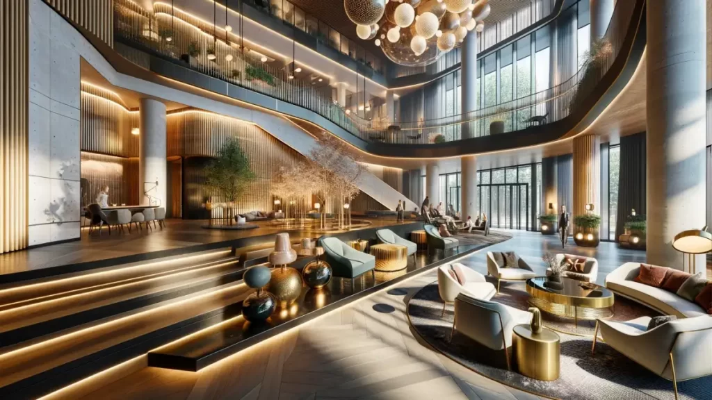 The image that capture the essence of London's hospitality fit-out trends for 2024, including both a modern, luxurious hotel lobby and a stylish, vibrant restaurant interior.