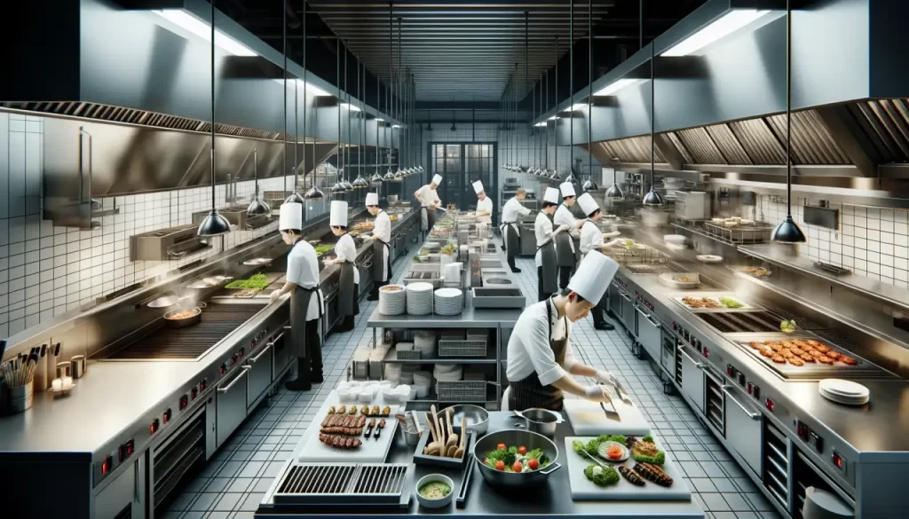 A professional and bustling commercial kitchen in a restaurant